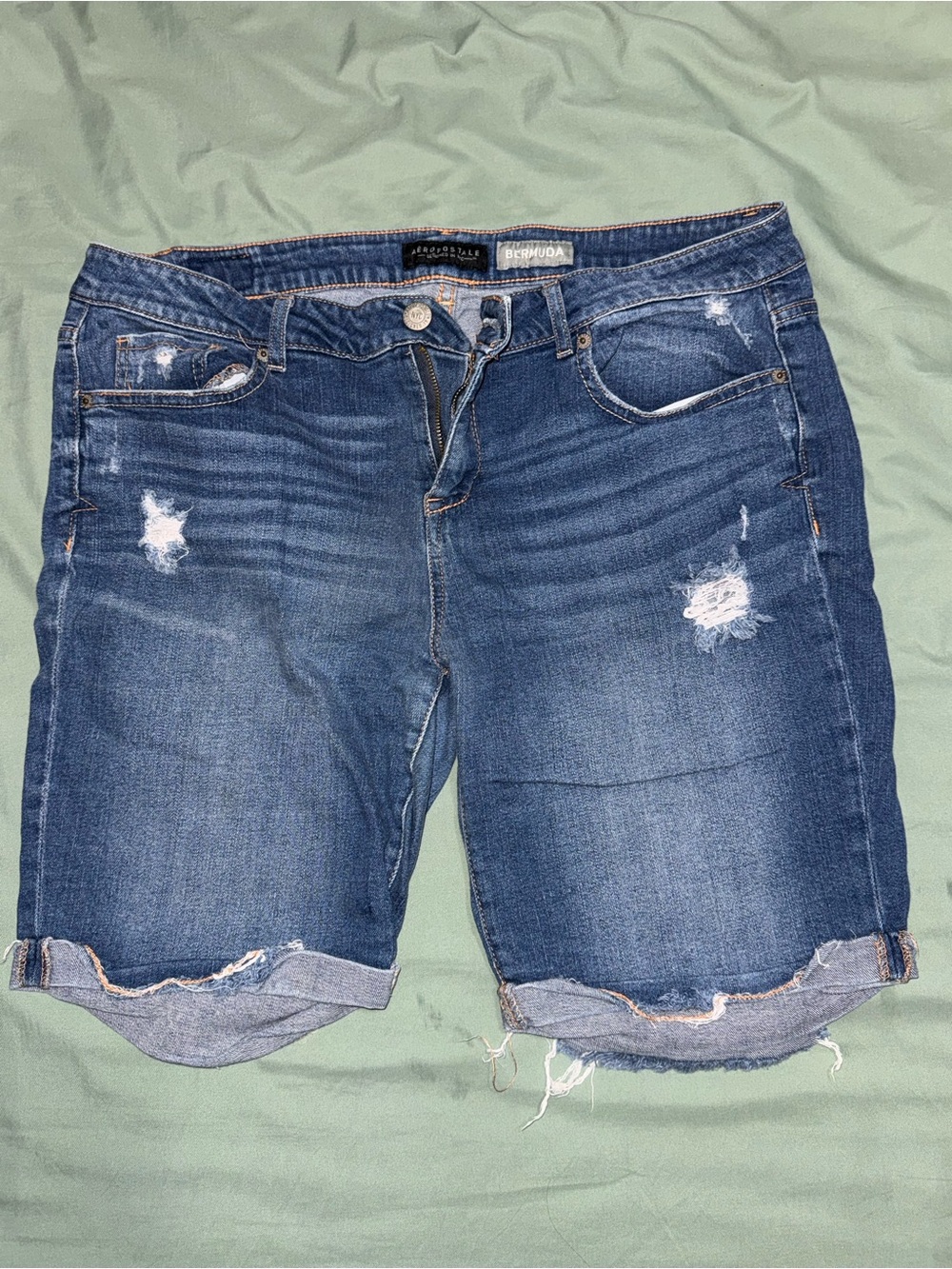 Aeropostale Medium Blue Distressed Denim Bermuda Shorts